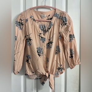 Loft Pink Floral 3/4 Sleeve Tie-Waist Button-Down, Size S